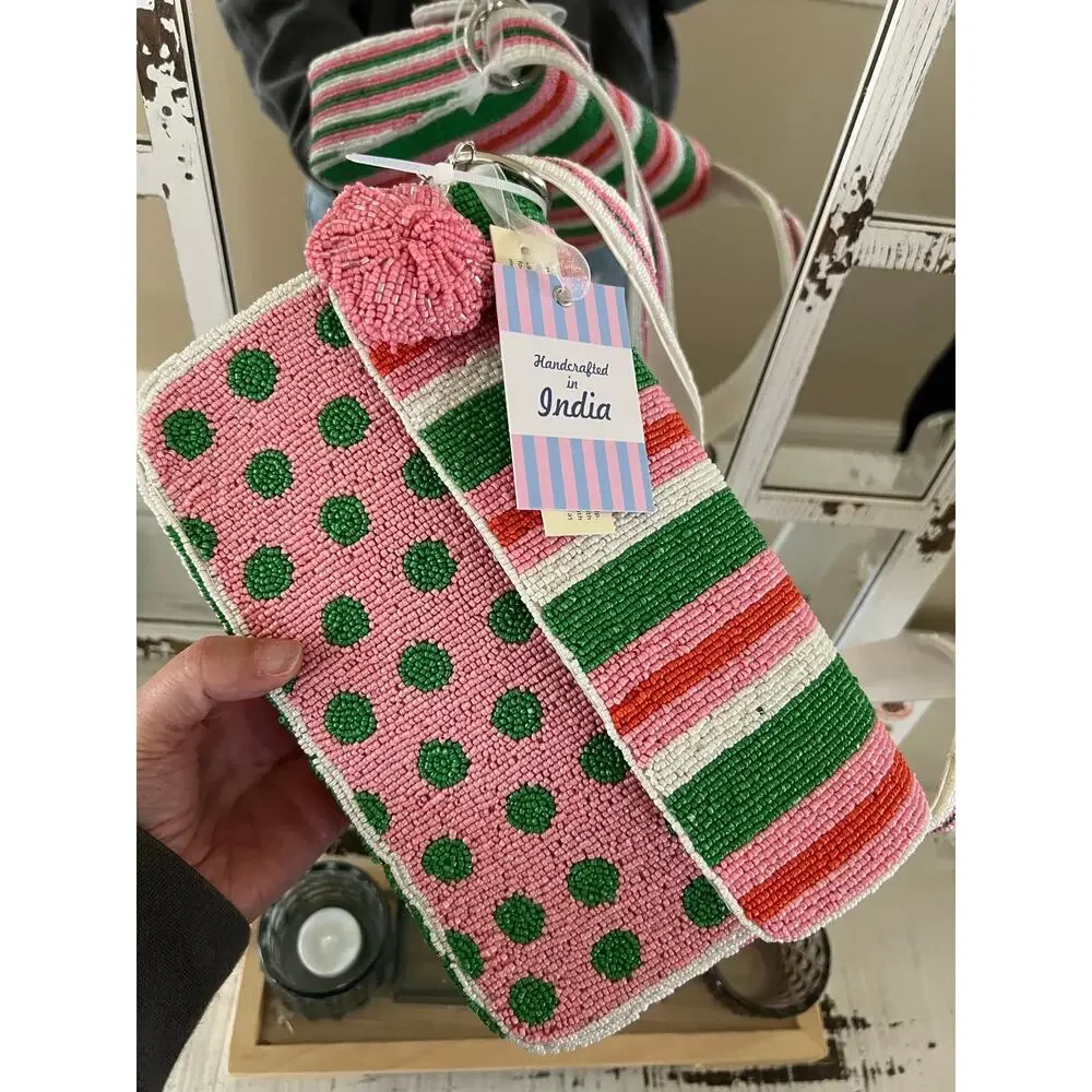 NWT Handcrafted India Beaded Purse Pink Green Striped Artsy Charm Shoulder Bag
